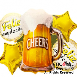 SET DE GLOBOS METALIZADO CERVEZA CHEERS 5 UNIDADES X 1